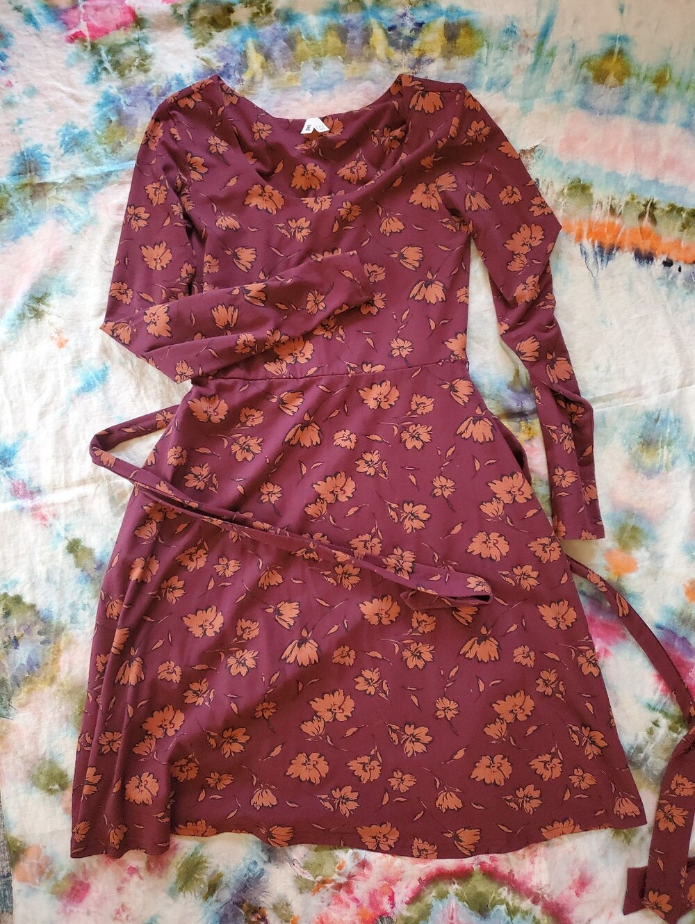 Pact Long Sleeve Floral A-Line Dress in Plum with Rust Flowers